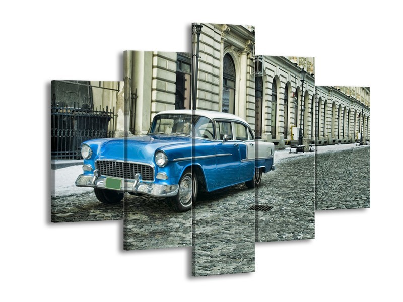 Canvas Schilderij Oldtimer, Auto | Blauw, Groen, Grijs | 150x105cm 5Luik