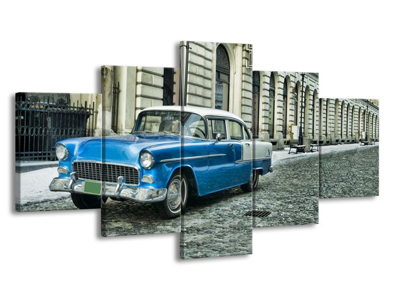 Glasschilderij Oldtimer, Auto | Blauw, Groen, Grijs | 150x80cm 5Luik