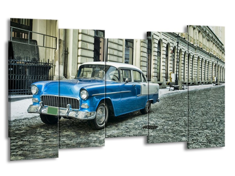 Canvas Schilderij Oldtimer, Auto | Blauw, Groen, Grijs | 150x80cm 5Luik