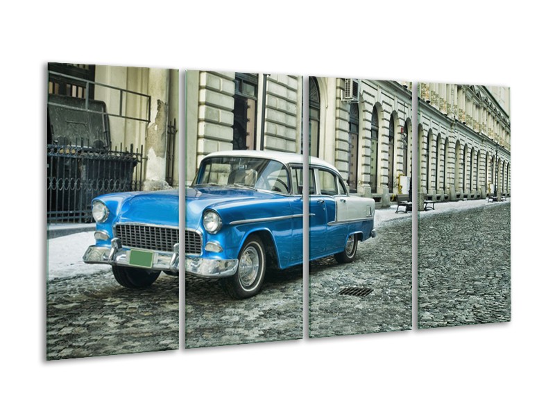 Canvas Schilderij Oldtimer, Auto | Blauw, Groen, Grijs | 160x80cm 4Luik