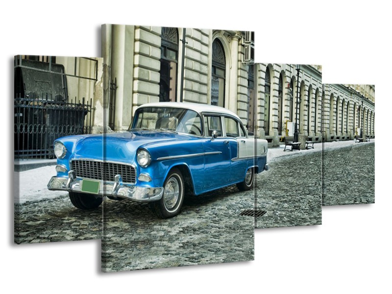 Canvas Schilderij Oldtimer, Auto | Blauw, Groen, Grijs | 160x90cm 4Luik