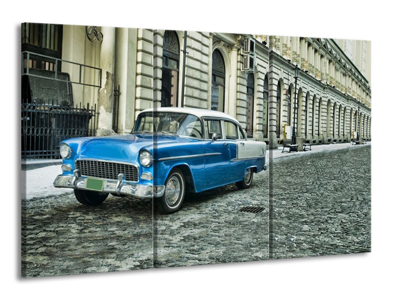 Canvas Schilderij Oldtimer, Auto | Blauw, Groen, Grijs | 165x100cm 3Luik