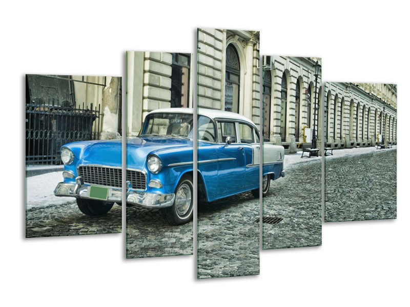Glasschilderij Oldtimer, Auto | Blauw, Groen, Grijs | 170x100cm 5Luik