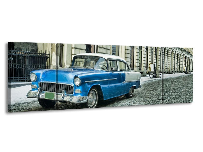 Glasschilderij Oldtimer, Auto | Blauw, Groen, Grijs | 170x50cm 3Luik