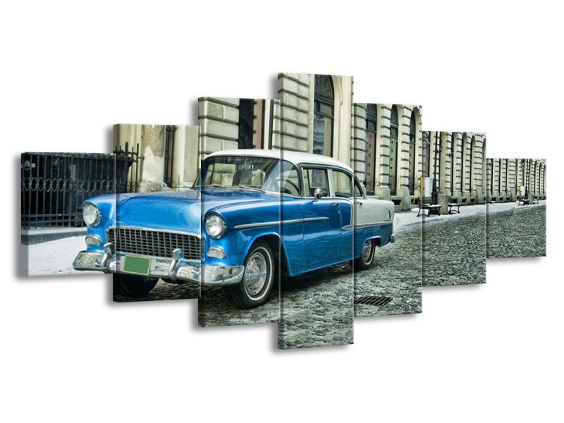 Glasschilderij Oldtimer, Auto | Blauw, Groen, Grijs | 210x100cm 7Luik