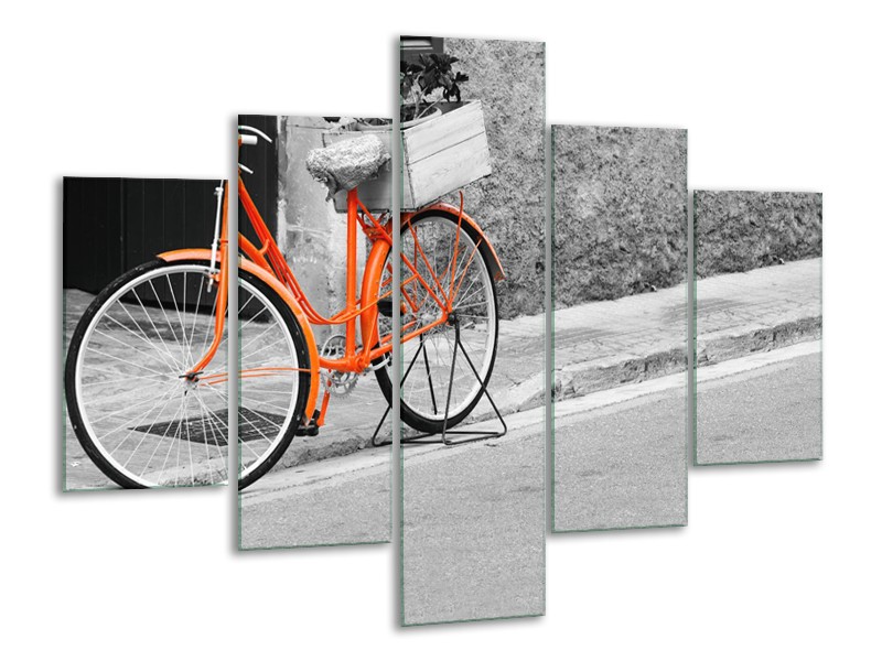 Glasschilderij Fiets | Oranje, Zwart, Wit | 100x70cm 5Luik