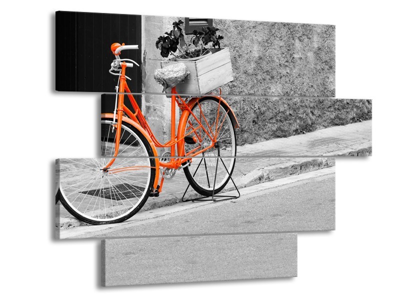 Glasschilderij Fiets | Oranje, Zwart, Wit | 115x85cm 4Luik