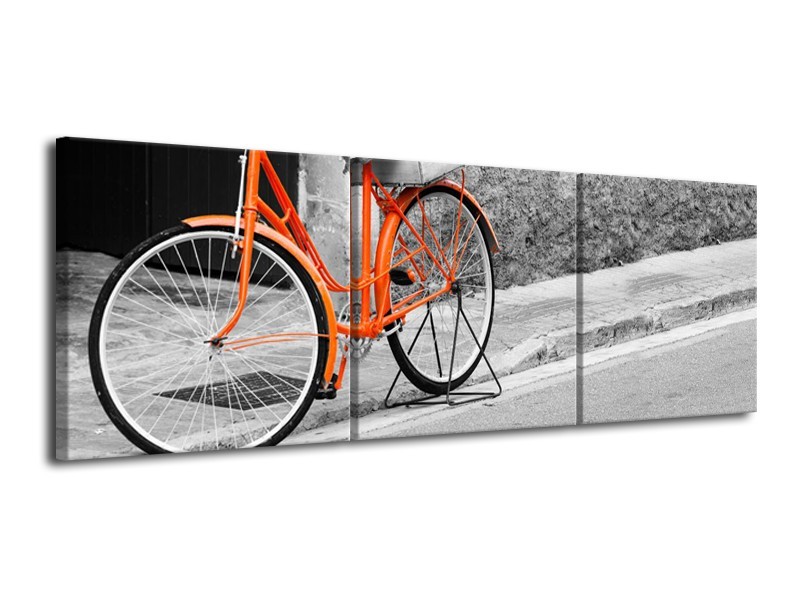 Glasschilderij Fiets | Oranje, Zwart, Wit | 120x40cm 3Luik