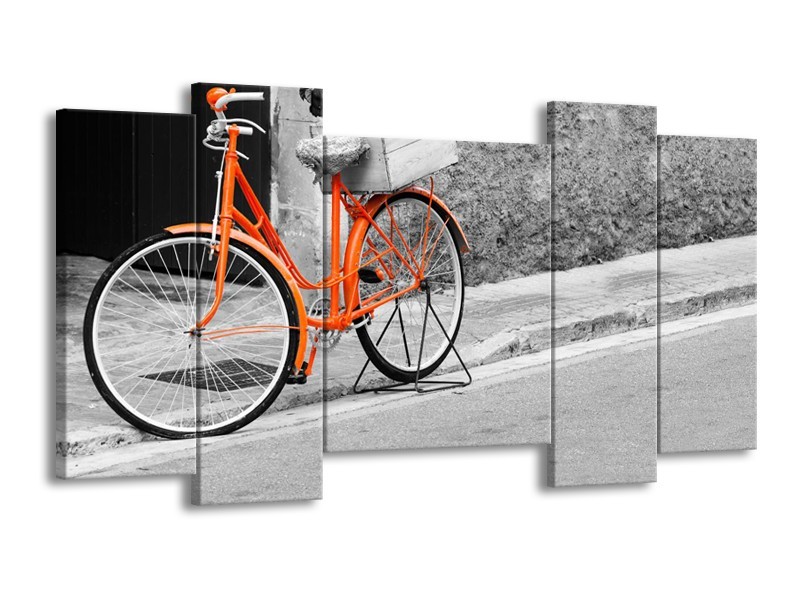 Canvas Schilderij Fiets  | Oranje, Zwart, Wit | 120x65cm 5Luik