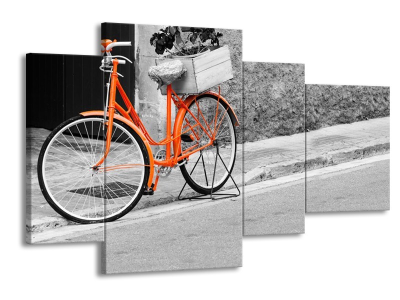 Glasschilderij Fiets | Oranje, Zwart, Wit | 120x75cm 4Luik