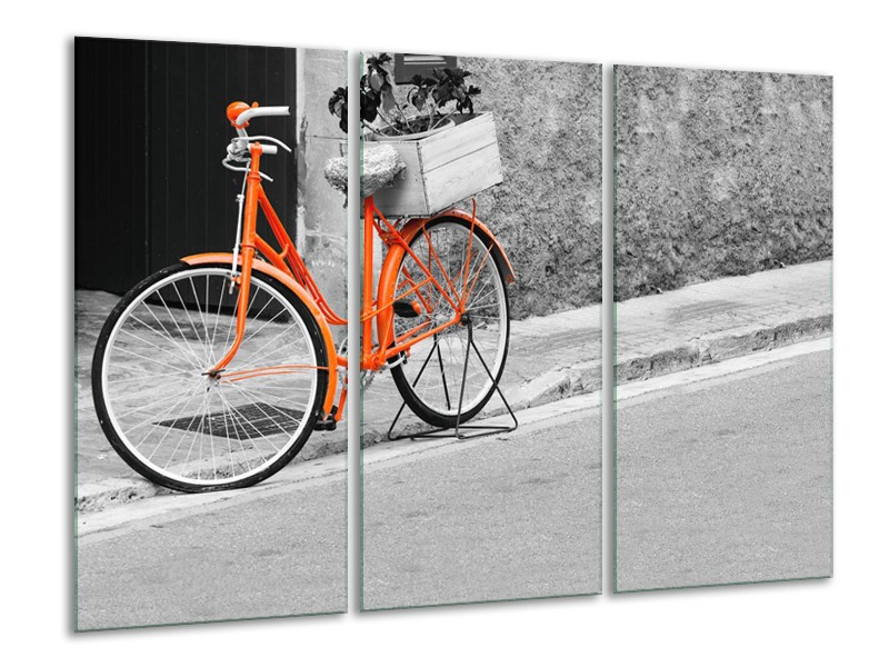 Glasschilderij Fiets | Oranje, Zwart, Wit | 120x80cm 3Luik