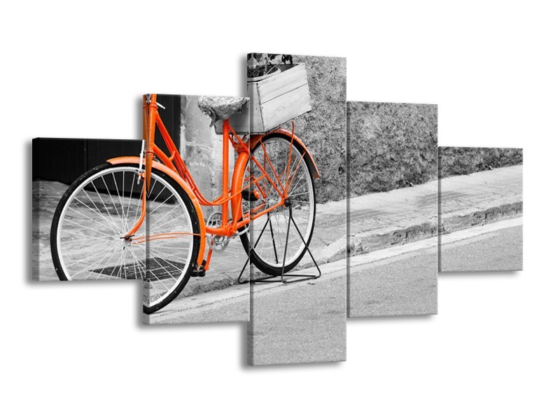 Glasschilderij Fiets | Oranje, Zwart, Wit | 125x70cm 5Luik