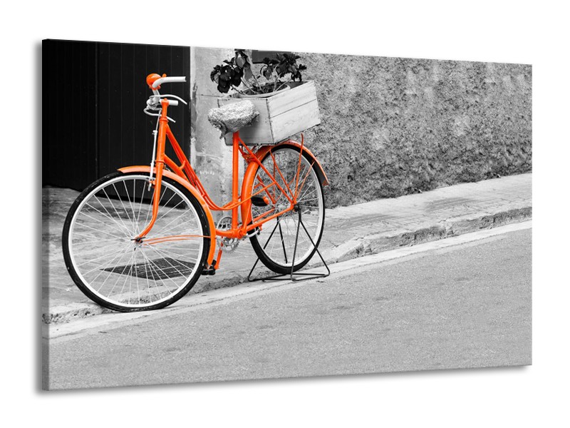 Canvas Schilderij Fiets  | Oranje, Zwart, Wit | 140x90cm 1Luik