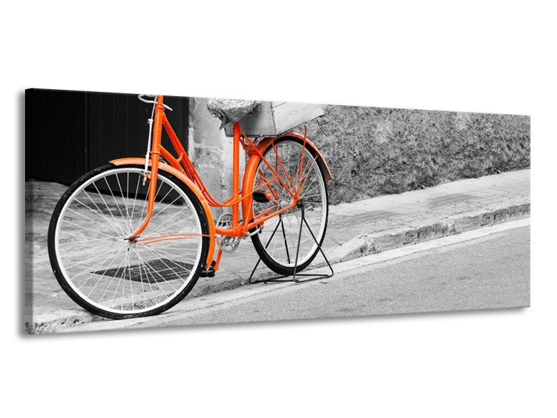 Glasschilderij Fiets | Oranje, Zwart, Wit | 145x58cm 1Luik