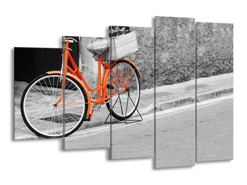 Canvas Schilderij Fiets  | Oranje, Zwart, Wit | 150x100cm 5Luik