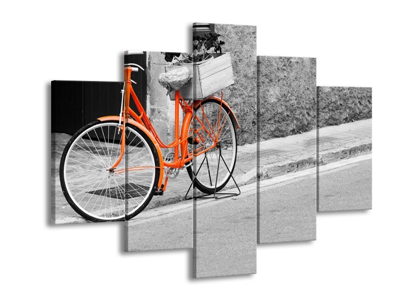 Glasschilderij Fiets | Oranje, Zwart, Wit | 150x105cm 5Luik