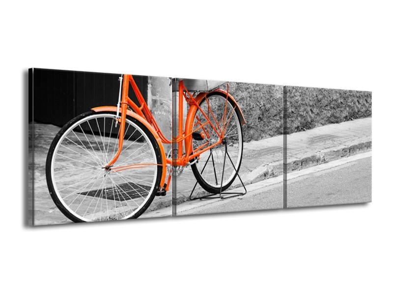 Glasschilderij Fiets | Oranje, Zwart, Wit | 150x50cm 3Luik