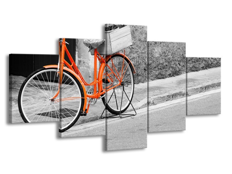 Canvas Schilderij Fiets  | Oranje, Zwart, Wit | 150x80cm 5Luik