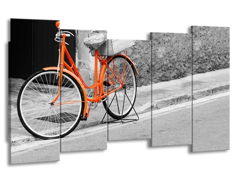 Glasschilderij Fiets | Oranje, Zwart, Wit | 150x80cm 5Luik