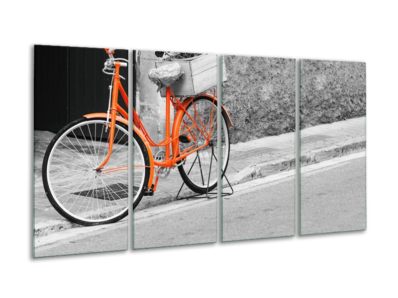 Glasschilderij Fiets | Oranje, Zwart, Wit | 160x80cm 4Luik