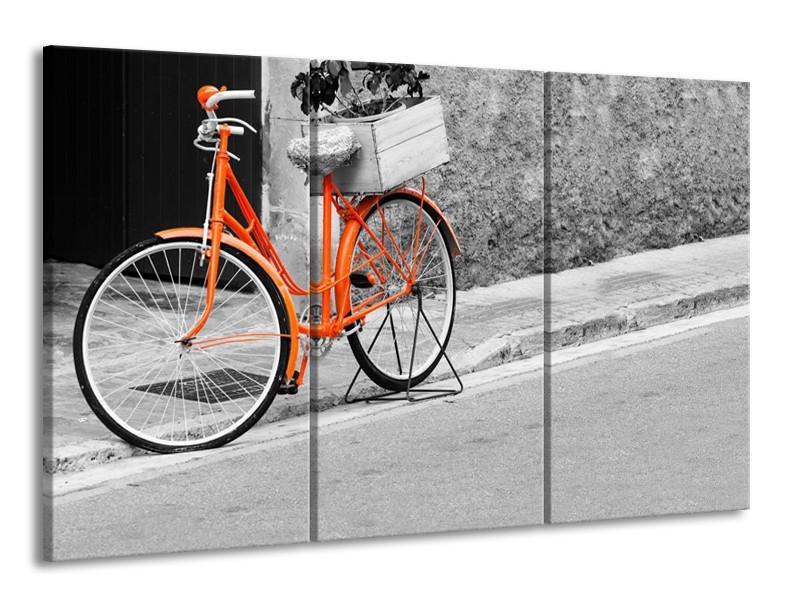 Glasschilderij Fiets | Oranje, Zwart, Wit | 165x100cm 3Luik