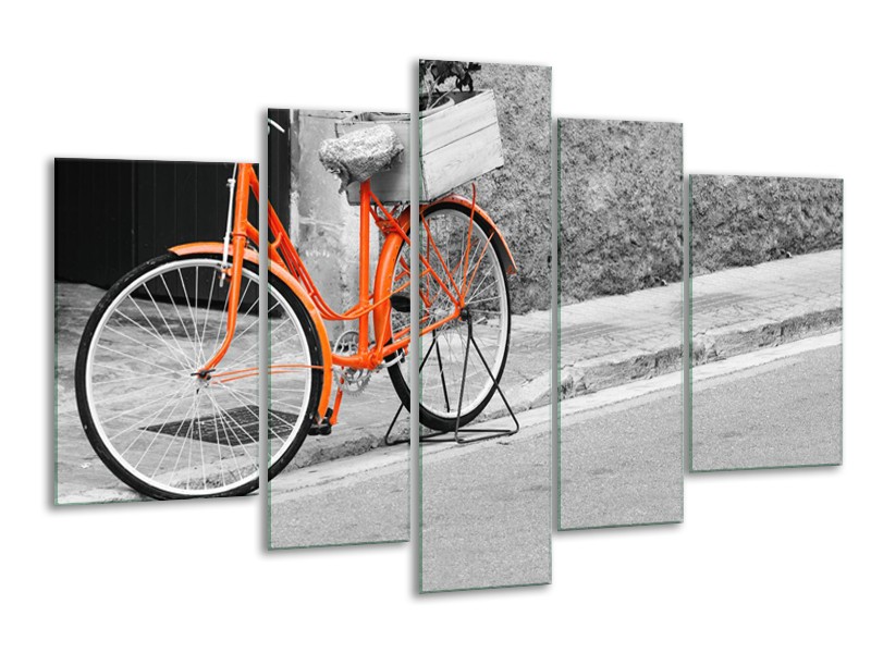 Glasschilderij Fiets | Oranje, Zwart, Wit | 170x100cm 5Luik