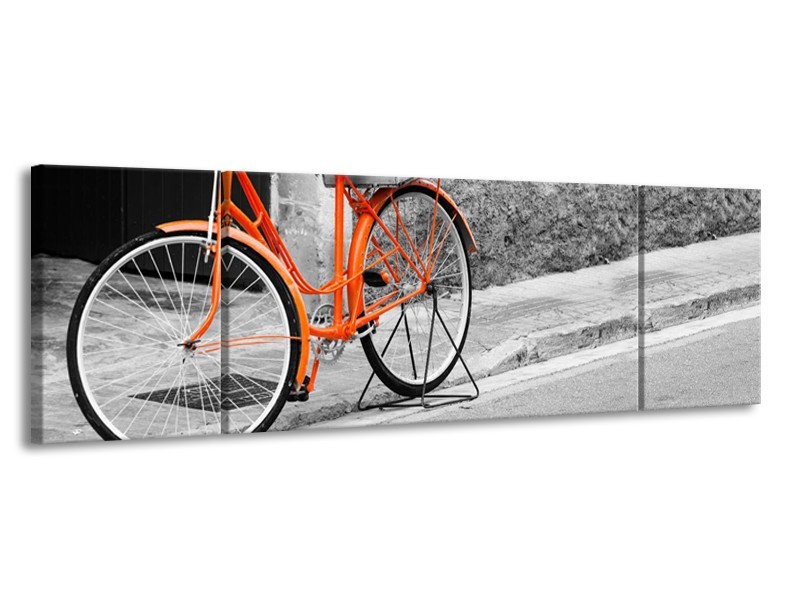Canvas Schilderij Fiets  | Oranje, Zwart, Wit | 170x50cm 3Luik