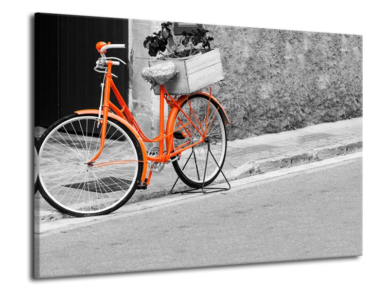 Glasschilderij Fiets | Oranje, Zwart, Wit | 70x50cm 1Luik