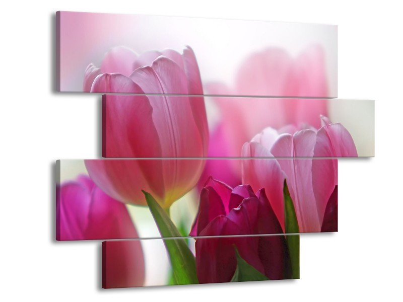 Canvas Schilderij Tulpen, Bloemen | Roze, Paars | 115x85cm 4Luik