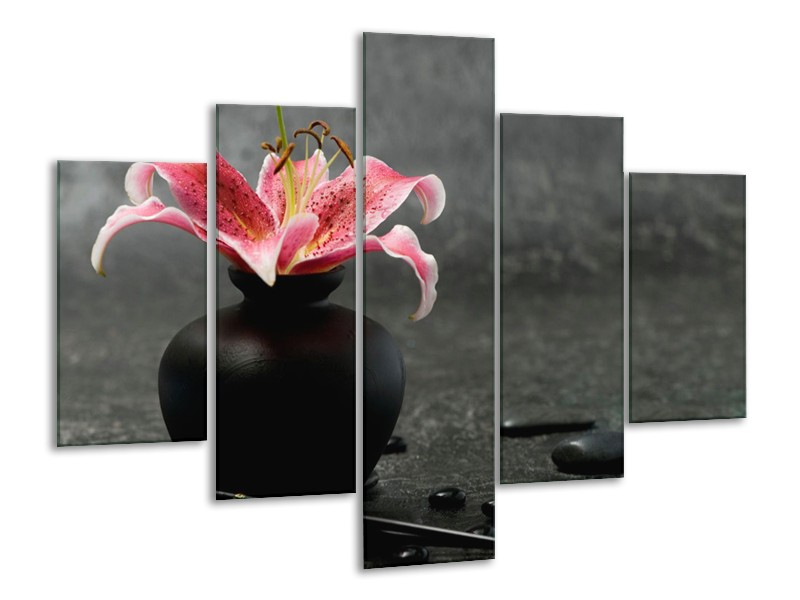 Glasschilderij Bloem, Modern | Zwart, Roze, Grijs | 100x70cm 5Luik