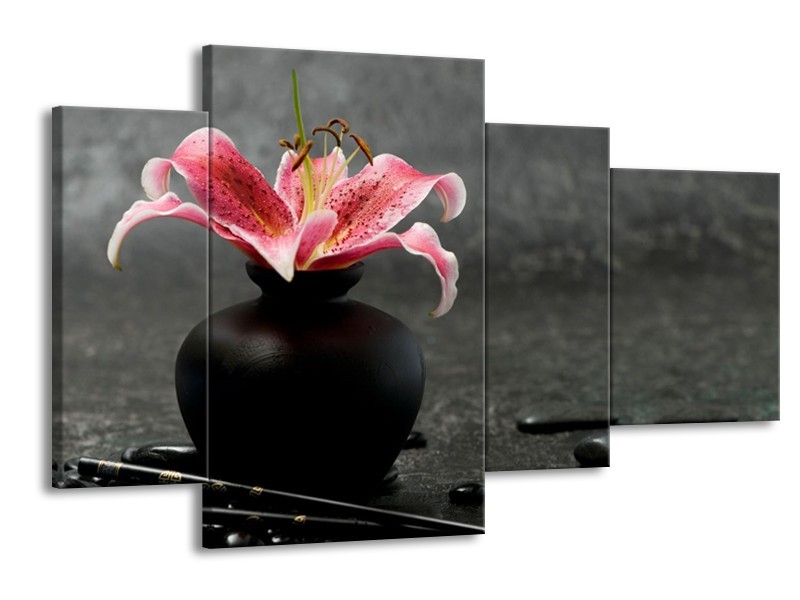 Glasschilderij Bloem, Modern | Zwart, Roze, Grijs | 120x75cm 4Luik