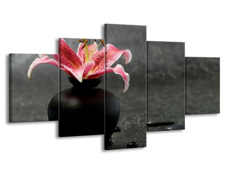 Canvas Schilderij Bloem, Modern | Zwart, Roze, Grijs | 150x80cm 5Luik
