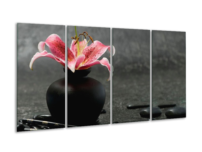 Glasschilderij Bloem, Modern | Zwart, Roze, Grijs | 160x80cm 4Luik