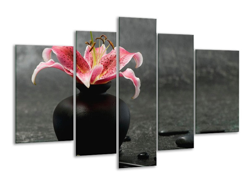 Glasschilderij Bloem, Modern | Zwart, Roze, Grijs | 170x100cm 5Luik