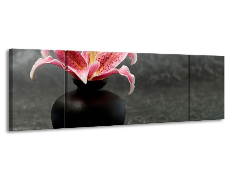 Canvas Schilderij Bloem, Modern | Zwart, Roze, Grijs | 170x50cm 3Luik