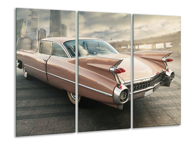 Glasschilderij Oldtimer, Auto | Bruin, Grijs | 120x80cm 3Luik