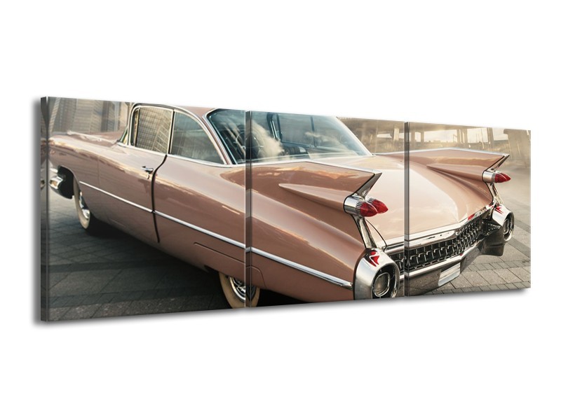 Glasschilderij Oldtimer, Auto | Bruin, Grijs | 150x50cm 3Luik