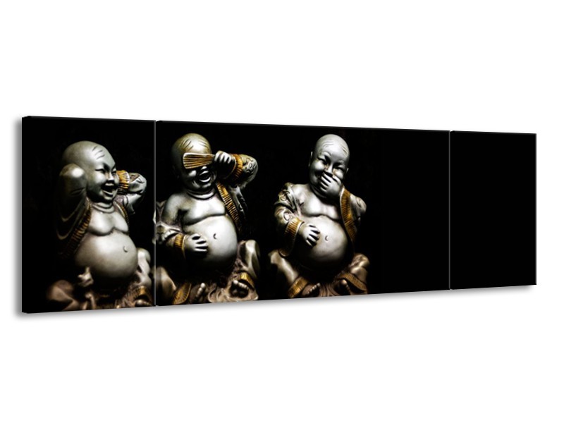 Canvas Schilderij Boeddha, Beeld | Zwart, Grijs | 170x50cm 3Luik