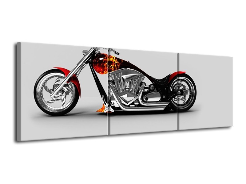 Canvas Schilderij Motor | Grijs, Zwart, Oranje | 120x40cm 3Luik