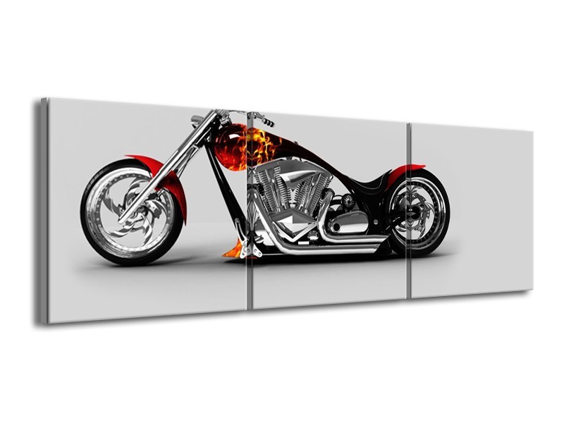 Canvas Schilderij Motor | Grijs, Zwart, Oranje | 150x50cm 3Luik