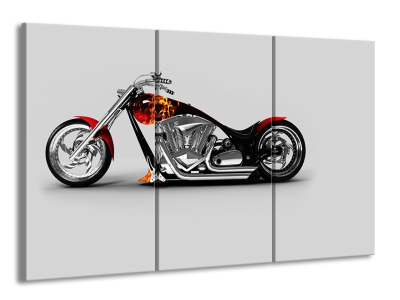Canvas Schilderij Motor | Grijs, Zwart, Oranje | 165x100cm 3Luik