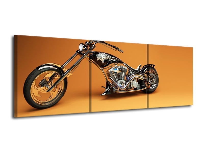 Canvas Schilderij Motor | Bruin, Geel, Oranje | 120x40cm 3Luik