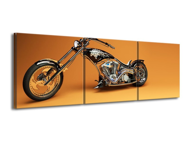 Canvas Schilderij Motor | Bruin, Geel, Oranje | 150x50cm 3Luik