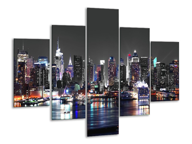 Canvas Schilderij Skyline, Steden | Grijs, Zwart, Paars | 100x70cm 5Luik