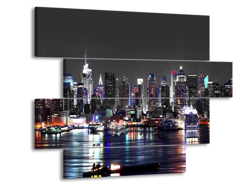 Canvas Schilderij Skyline, Steden | Grijs, Zwart, Paars | 115x85cm 4Luik