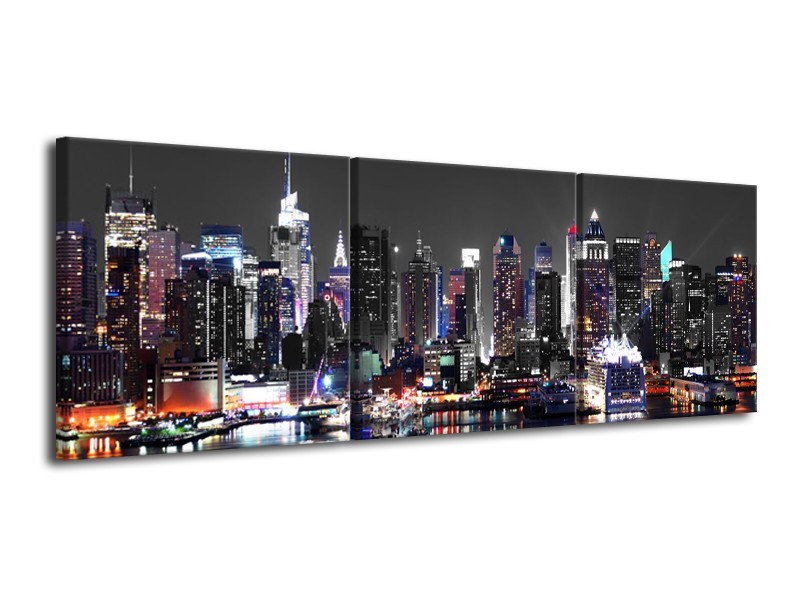 Glasschilderij Skyline, Steden | Grijs, Zwart, Paars | 120x40cm 3Luik