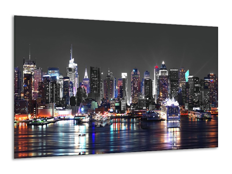 Canvas Schilderij Skyline, Steden | Grijs, Zwart, Paars | 120x70cm 1Luik