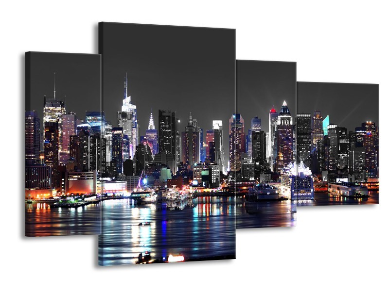 Canvas Schilderij Skyline, Steden | Grijs, Zwart, Paars | 120x75cm 4Luik