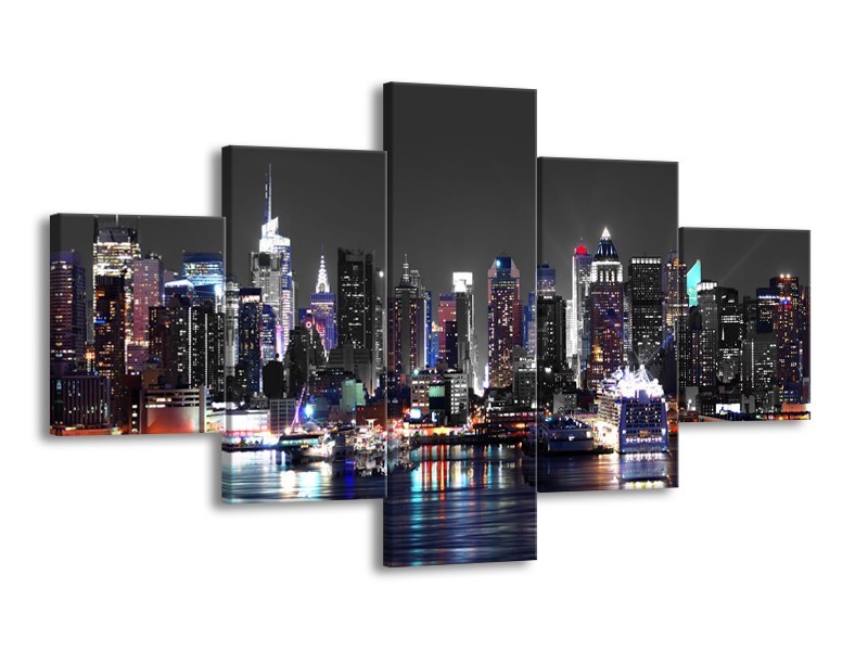 Canvas Schilderij Skyline, Steden | Grijs, Zwart, Paars | 125x70cm 5Luik