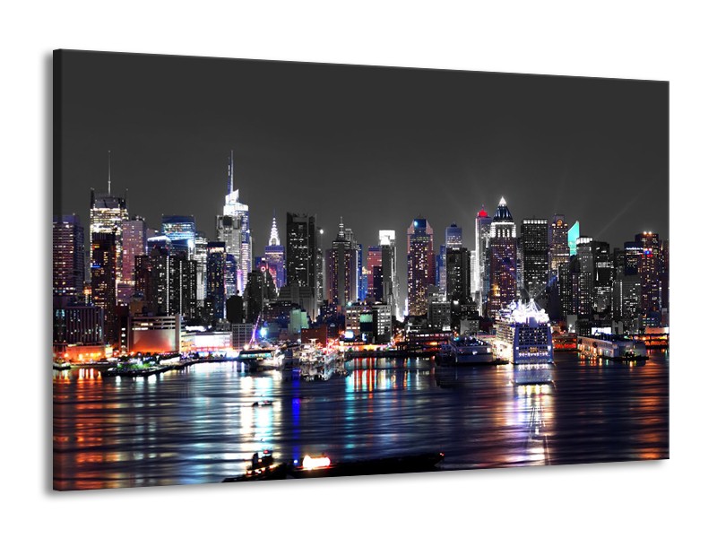 Canvas Schilderij Skyline, Steden | Grijs, Zwart, Paars | 140x90cm 1Luik